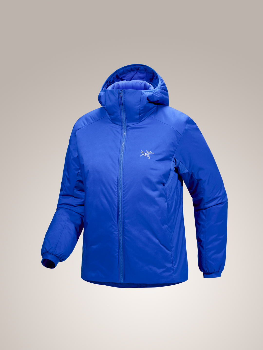 Vitality Blue Arc'teryx Atom SV Hooded jacket with a brand logo on a gray background