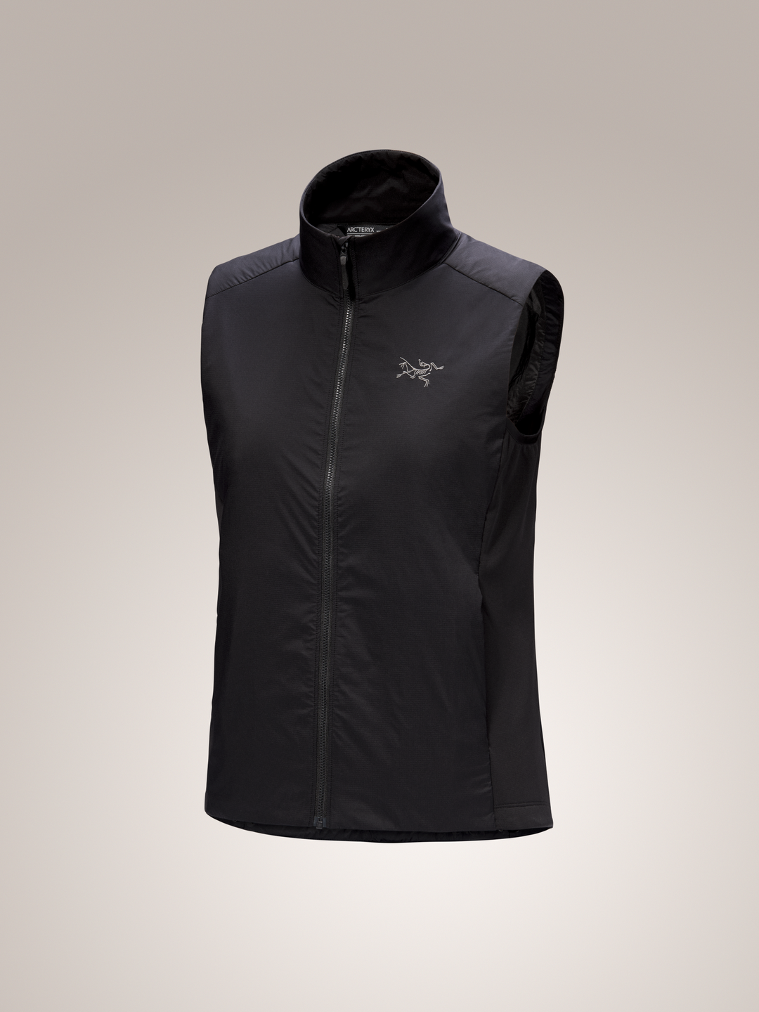 Black Arc'teryx Atom women's vest with a brand logo on a light gray background