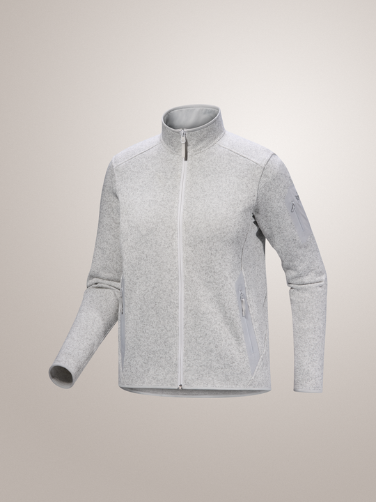 Atmos Heather gray Arc'teryx Covert Cardigan women's fleece jacket on a light gray background