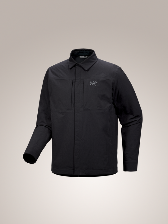 Black Arc'teryx Cronin insulated men's overshirt with a brand logo on a light gray background