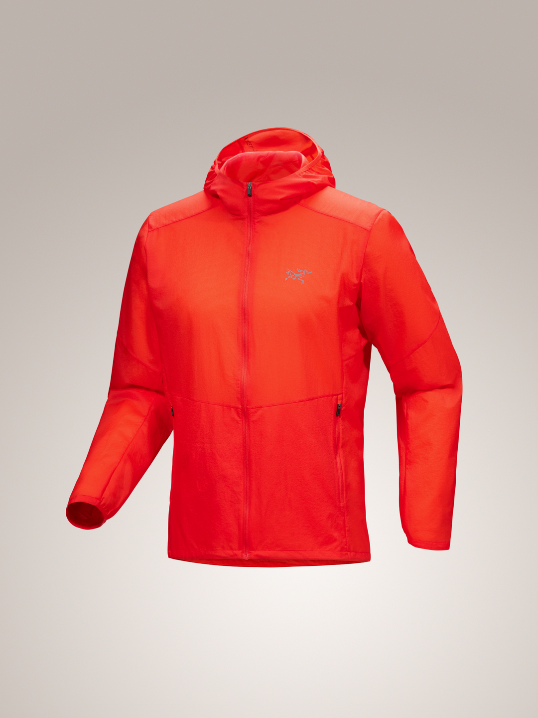 Dynasty red Arc'teryx Incendo Airshell hood on a gray background