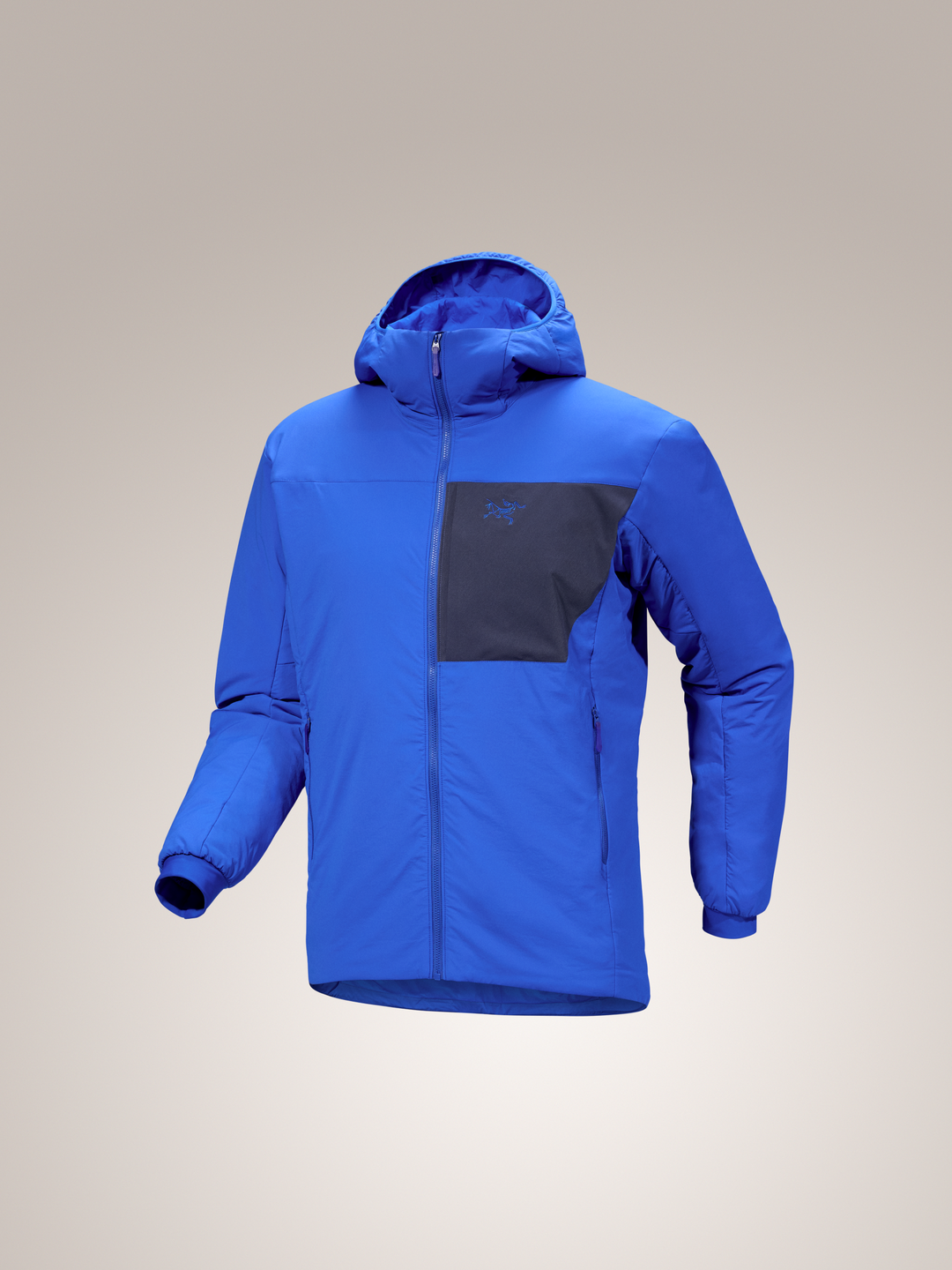 Vitality Blue and Black Sapphire Arc'teryx Proton Hooded men's jacket with a hood on a gray background