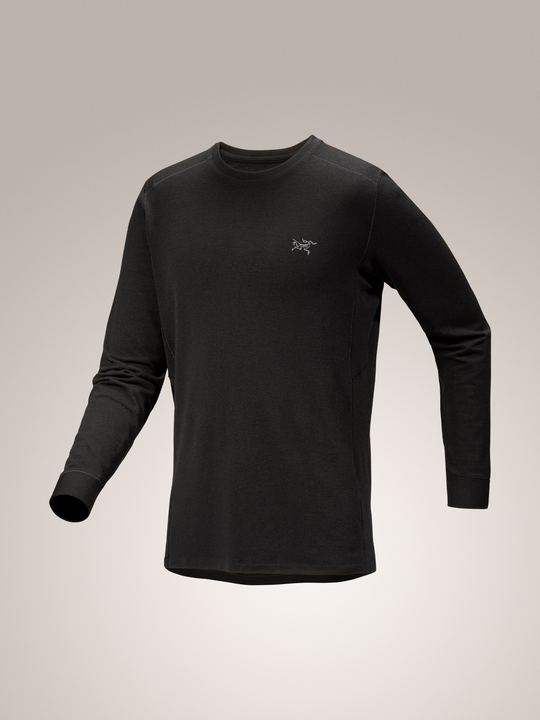Black Arc'teryx Rho merino wool crew long-sleeve shirt with a brand logo on a light gray background