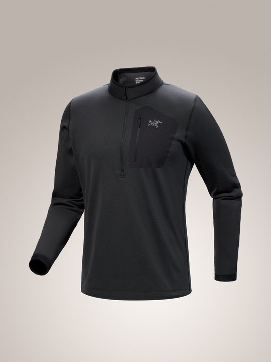 Black Arc'teryx Rho SV half zip long-sleeve shirt with a brand logo on a gray background