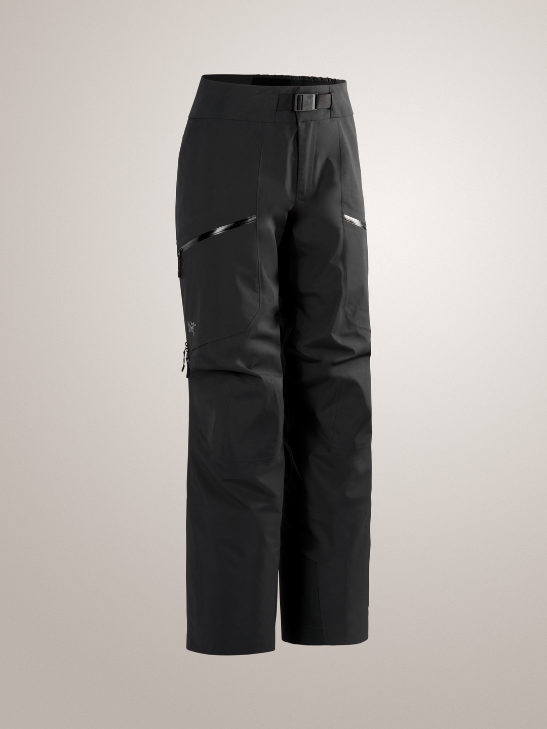 Black Arc'teryx Sentinel women's snow pants on a light gray background