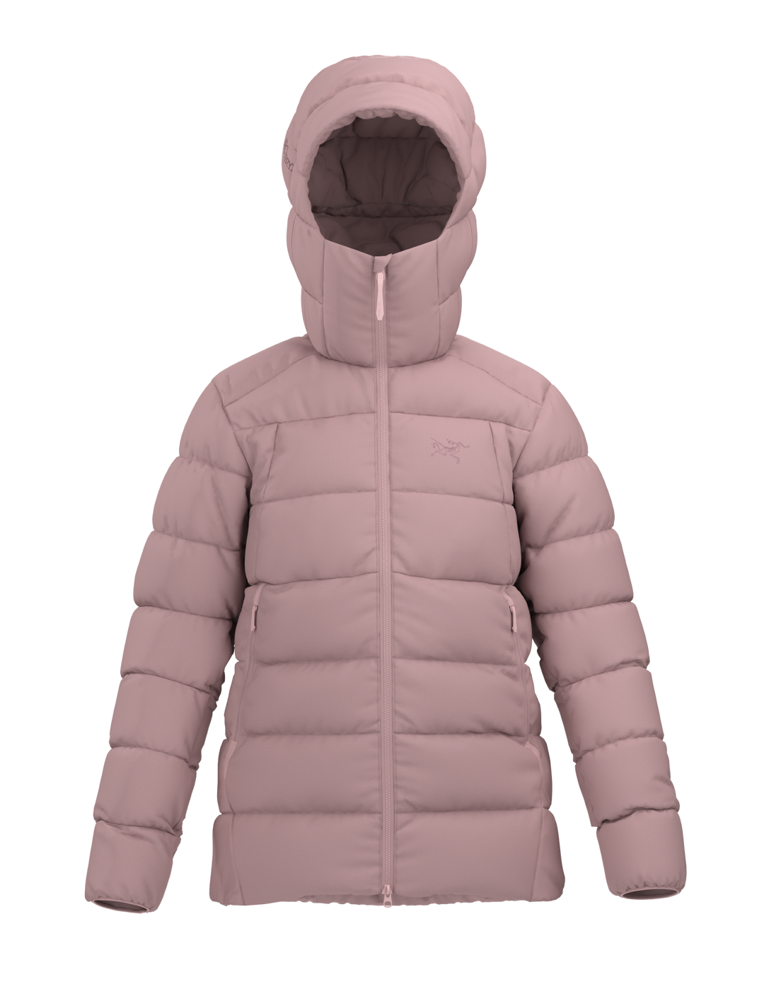 Bliss pink Arc'teryx Thorium women's puffer jacket with a hood on a white background