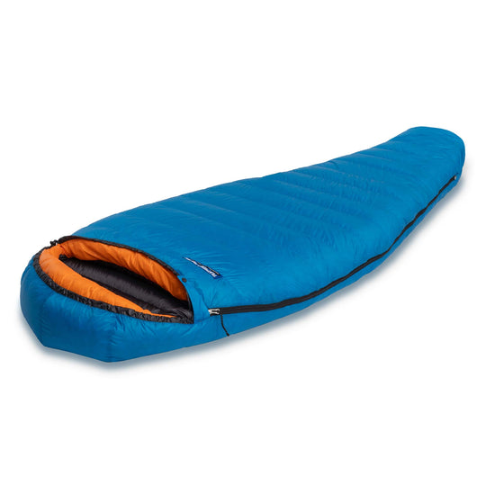 Side angle view of Feathered Friends Egret UL Women's ultralight down sleeping bag in Cerulean blue with Flame orange hood trim