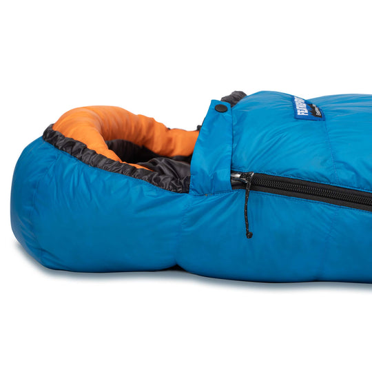 Side hood and zipper detail of Feathered Friends Egret UL Women's ultralight down sleeping bag Cerulean blue color on white background
