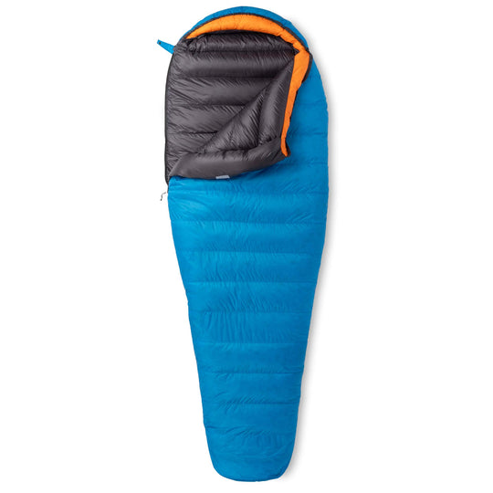 Partially unzipped Feathered Friends Egret UL ultralight 20 30 degree women's down sleeping bag Cerulean blue with Flame orange hood trim on white background