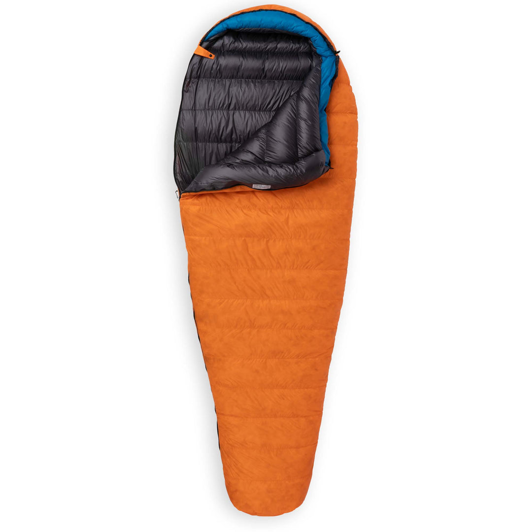 Partially unzipped Feathered Friends Egret UL ultralight 20 30 degree women's down sleeping bag Flame orange with Cerulean blue hood trim on white background