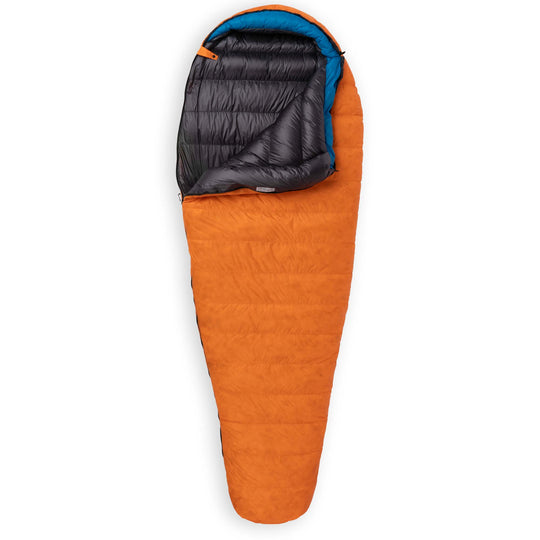 Partially unzipped Feathered Friends Egret UL ultralight 20 30 degree women's down sleeping bag Flame orange with Cerulean blue hood trim on white background