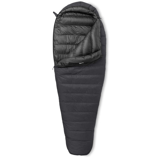 Partially unzipped Feathered Friends Egret UL ultralight 20 30 degree women's down sleeping bag dark Graphite gray on white background