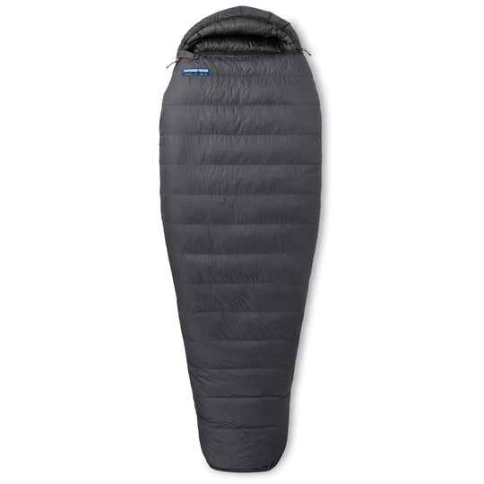 Fully zipped Feathered Friends Egret UL ultralight 20 30 degree women's down sleeping bag dark Graphite gray on white background