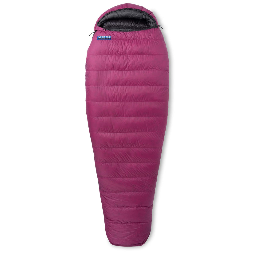 Fully zipped Feathered Friends Egret UL ultralight 20 30 degree women's down sleeping bag Magenta purple on white background