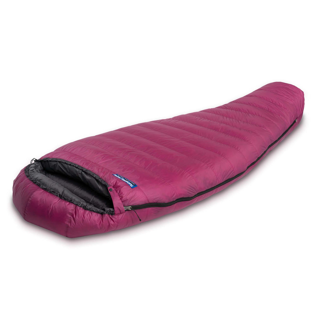 Side angle view of Feathered Friends Egret UL Women's ultralight down sleeping bag in Magenta purple on white background