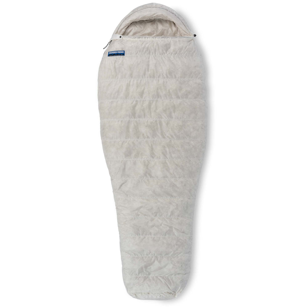 Fully zipped Feathered Friends Egret UL ultralight 20 30 degree women's down sleeping bag Undyed Pertex Quantum Pro on white background