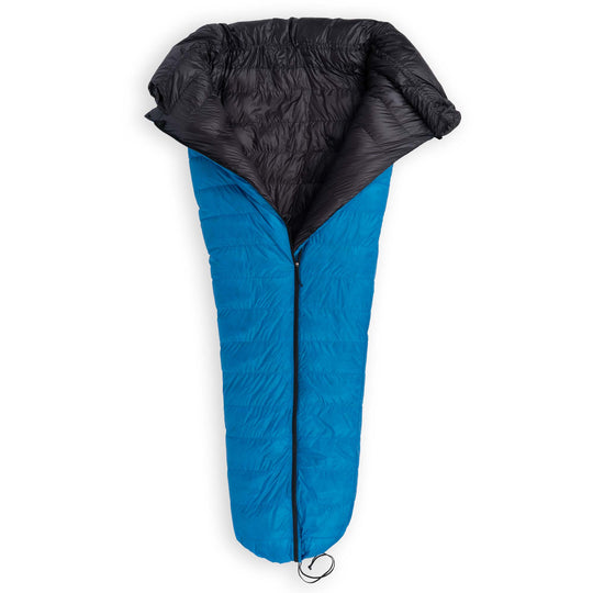 Partially unzipped Feathered Friends Flicker UL Ultralight Down Quilt Sleeping Bag in Cerulean Blue on a white background