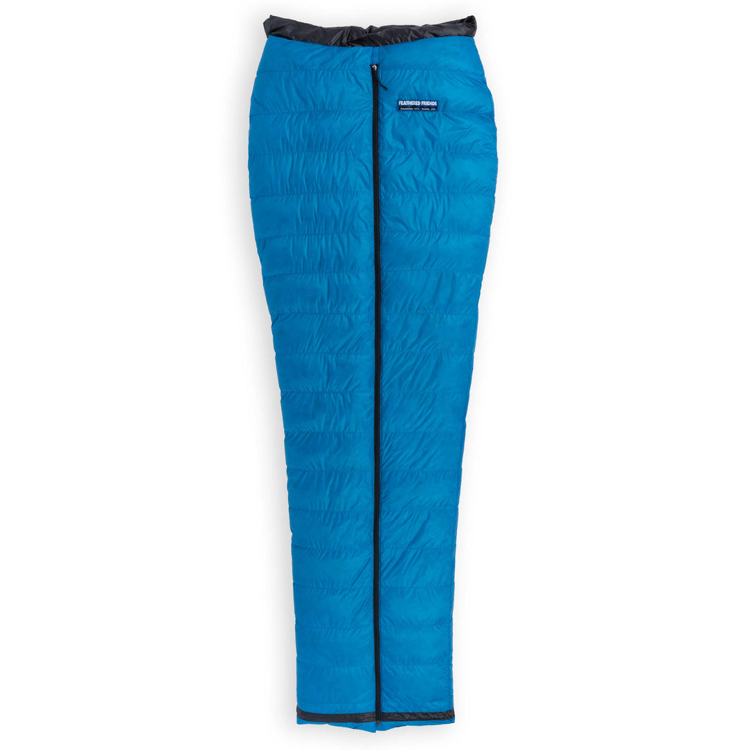 Fully zipped Feathered Friends Flicker UL Ultralight Down Quilt Sleeping Bag in Cerulean Blue on a white background