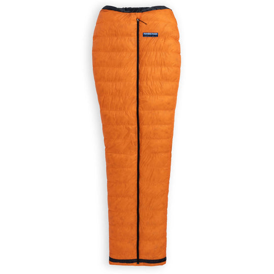 Fully zipped Feathered Friends Flicker UL Ultralight Down Quilt Sleeping Bag in Flame orange on a white background