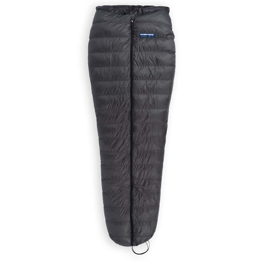 Fully zipped with cinched footbox Feathered Friends Flicker UL Ultralight Down Quilt Sleeping Bag in dark Graphite gray on a white background