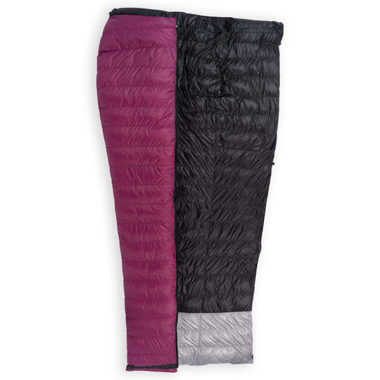 Half unzipped Feathered Friends Flicker UL Ultralight Down Quilt Sleeping Bag in Magenta purple showing the interior on a white background