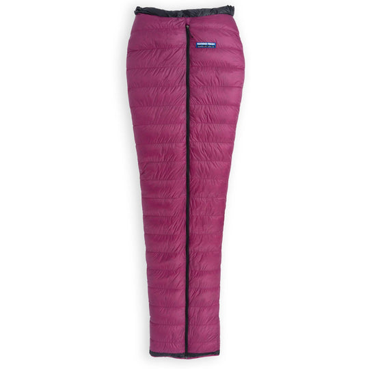 Fully zipped Feathered Friends Flicker UL Ultralight Down Quilt Sleeping Bag in Magenta purple on a white background