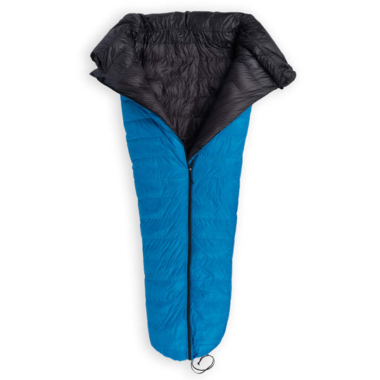 Partially unzipped Feathered Friends Flicker UL Wide ultralight down quilt sleeping bag in Cerulean Blue with cinched footbox