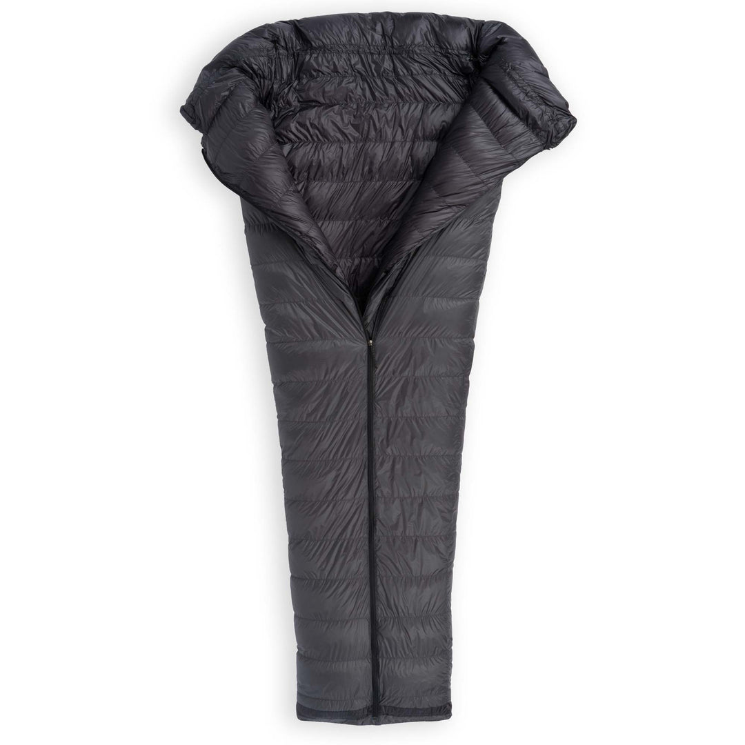 Partially unzipped Feathered Friends Flicker UL Wide ultralight down quilt sleeping bag in Graphite dark gray