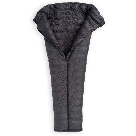 Partially unzipped Feathered Friends Flicker UL Wide ultralight down quilt sleeping bag in Graphite dark gray