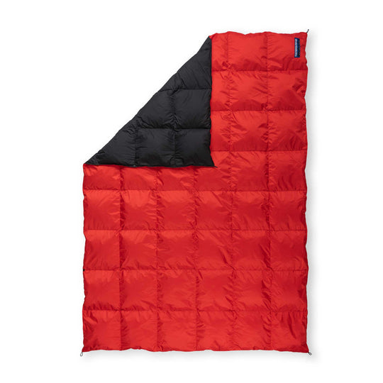 Feathered Friends Red and Black water-resistant Down Blanket on a white background