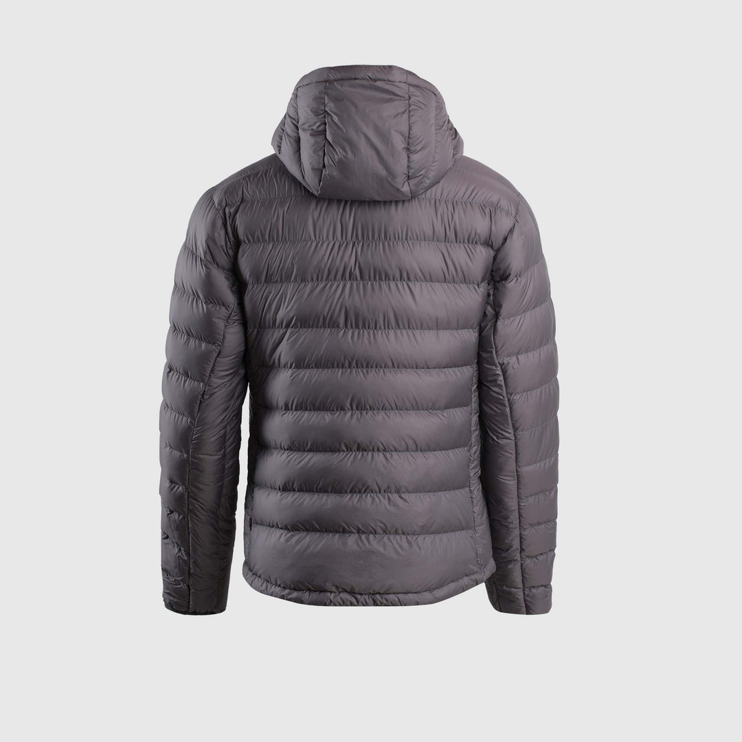 Studio back view of steel gray of Men's Feathered Friends Eos Down Jacket