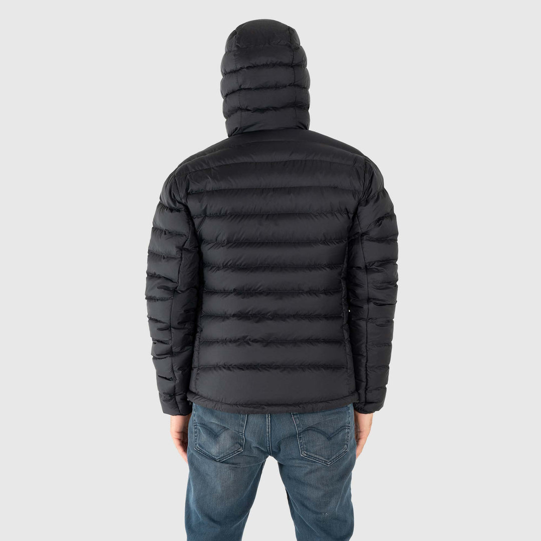 Studio back view of man wearing a black Men's Feathered Friends Eos Down Jacket