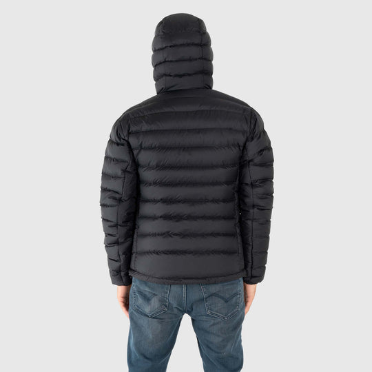 Studio back view of man wearing a black Men's Feathered Friends Eos Down Jacket