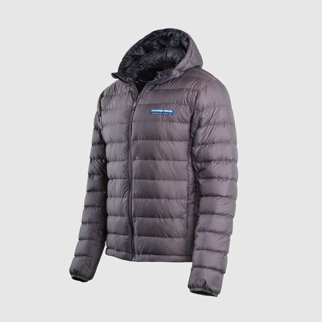 Studio front view of steel gray of Men's Feathered Friends Eos Down Jacket