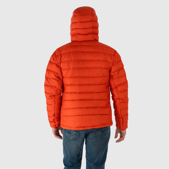 Studio back view of man wearing a rorange Men's Feathered Friends Eos Down Jacket