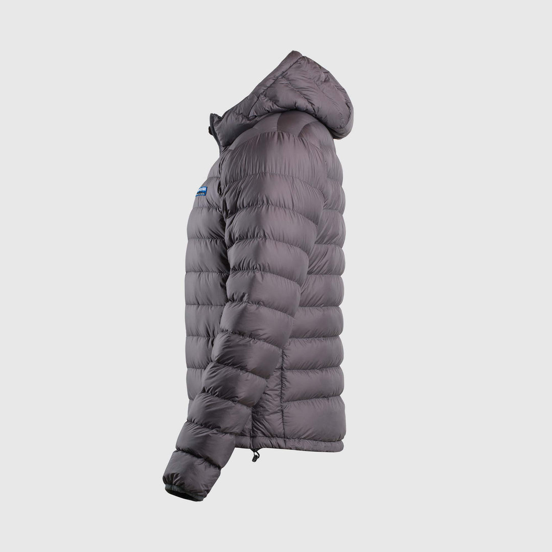 Studio side view of steel gray of Men's Feathered Friends Eos Down Jacket