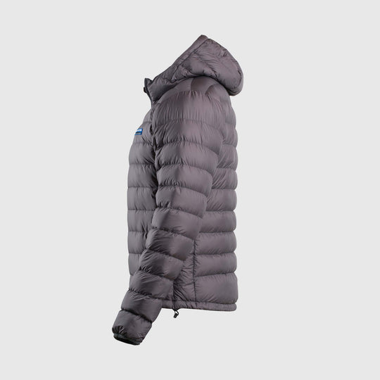 Studio side view of steel gray of Men's Feathered Friends Eos Down Jacket