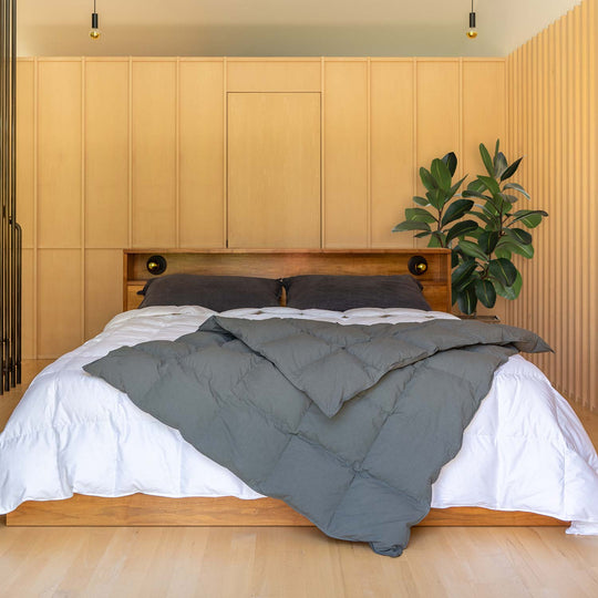 Bedroom with wood panel walls with a bed and Cascade gray down throw blanket