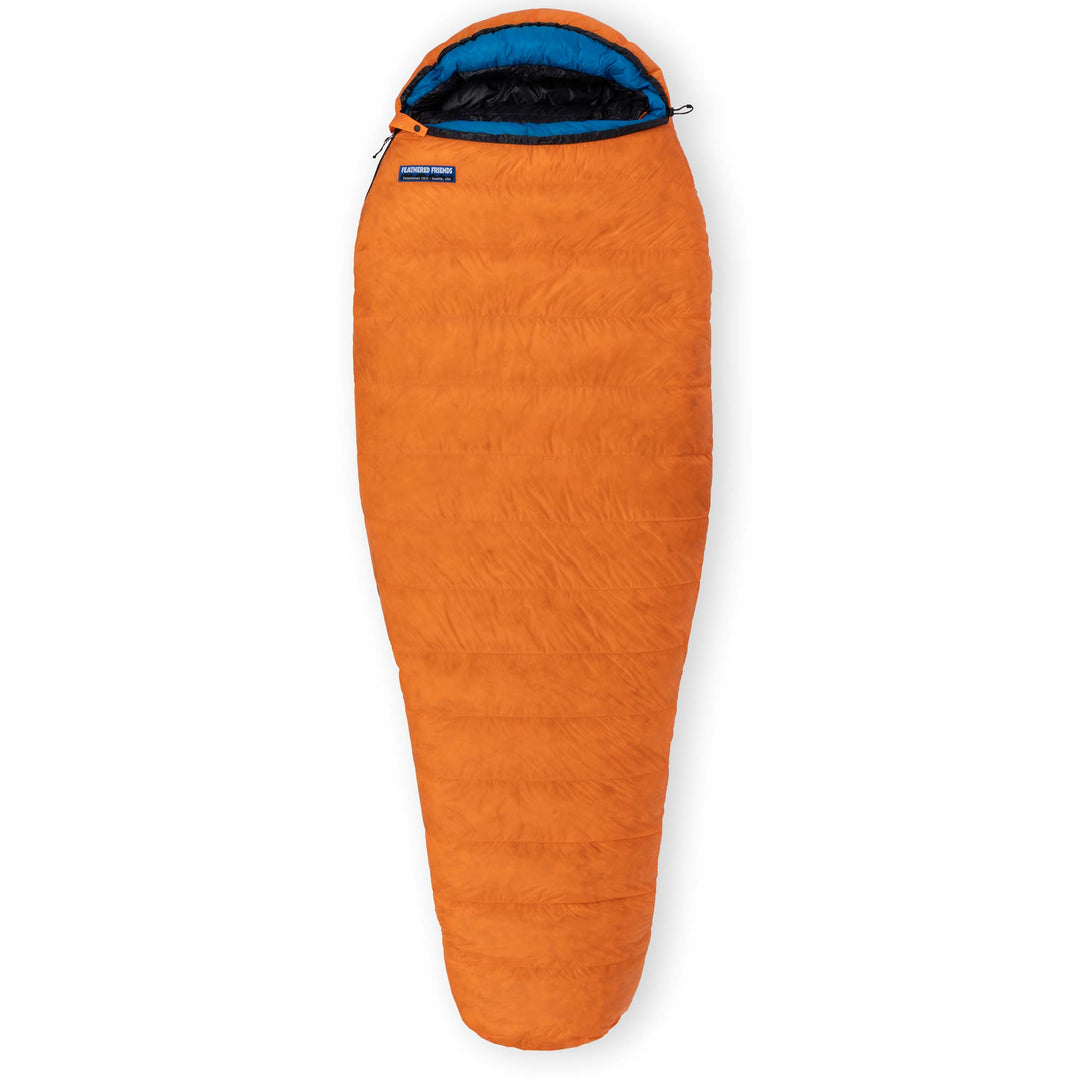Fully zipped Feathered Friends Petrel UL 10 Degree ultralight women's mummy down sleeping bag in Flame Orange with Cerulean blue hood trim