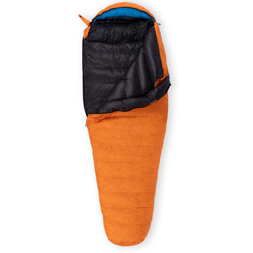 Partially unzipped Feathered Friends Petrel UL 10 Degree ultralight women's mummy down sleeping bag in Flame Orange with Cerulean blue hood trim