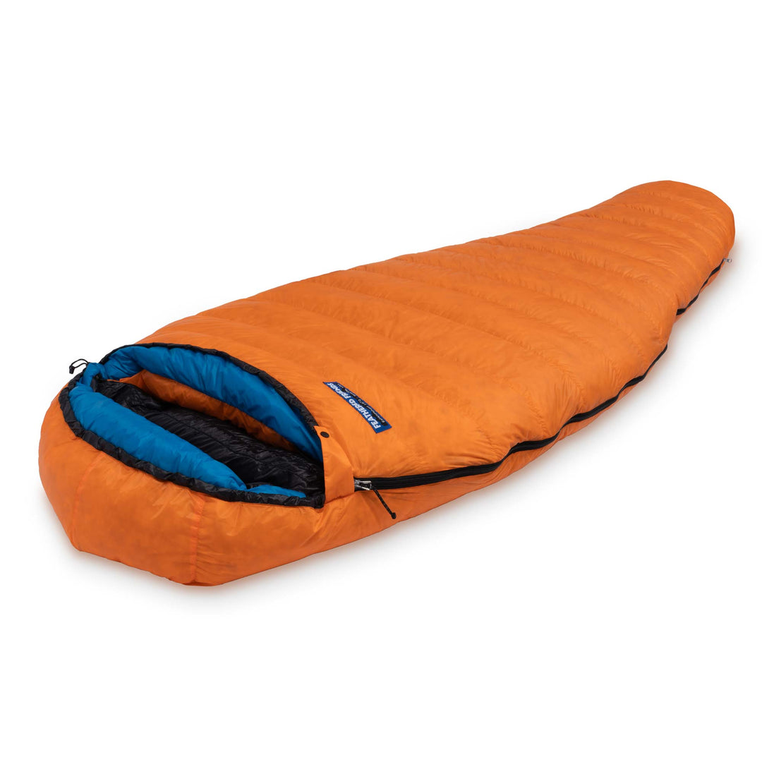 Feathered Friends Petrel UL 10 Degree Ultralight Women's Down Sleeping Bag angle view Flame Orange color