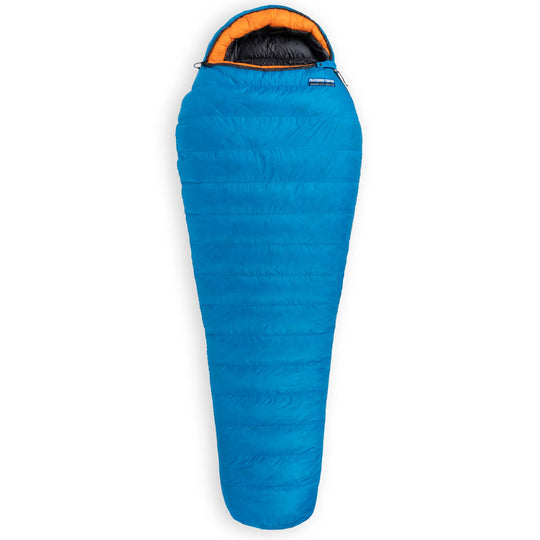 Feathered Friends Raven UL 10 Degree Ultralight Down Sleeping Bag wide mummy in Cerulean Blue with Flame Orange hood trim