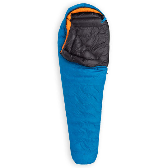 Partially unzipped Feathered Friends Swallow UL ultralight 20 30 degree standard width mummy down sleeping bag Cerulean blue on white background