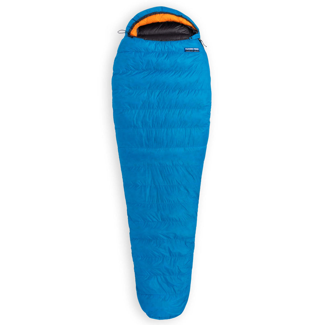 Fully zipped Feathered Friends Swallow UL ultralight 20 30 degree standard width mummy down sleeping bag Cerulean blue with Flame orange hood trim on white background