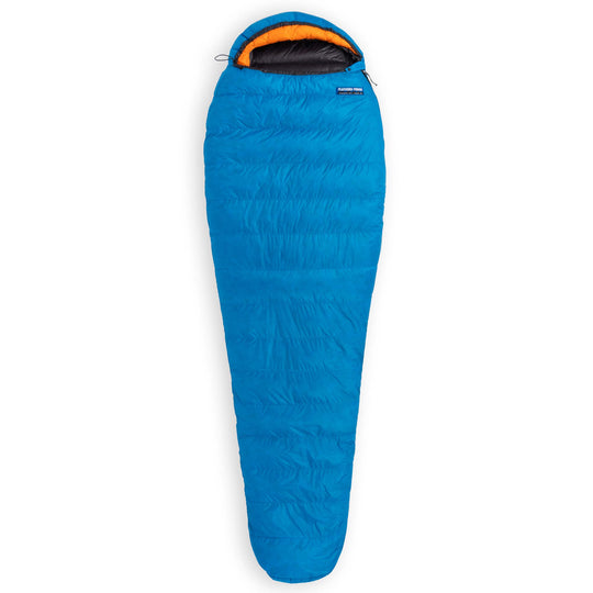 Fully zipped Feathered Friends Swallow UL ultralight 20 30 degree standard width mummy down sleeping bag Cerulean blue with Flame orange hood trim on white background
