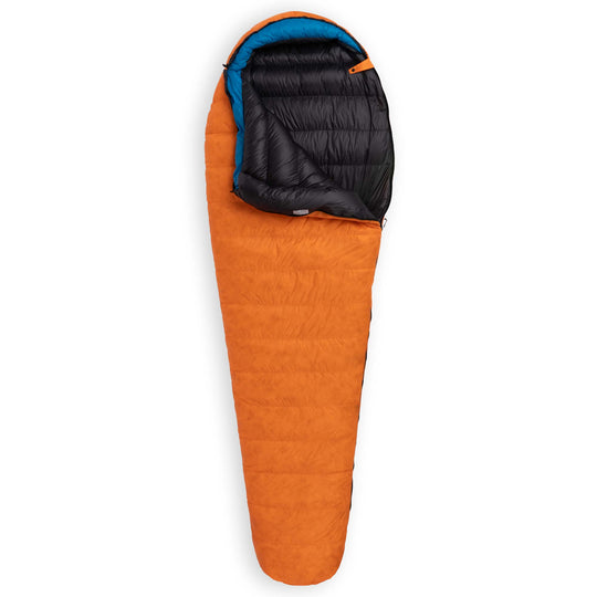 Partially unzipped Feathered Friends Swallow UL ultralight 20 30 degree standard width mummy down sleeping bag Flame orange with Cerulean blue hood trim on white background