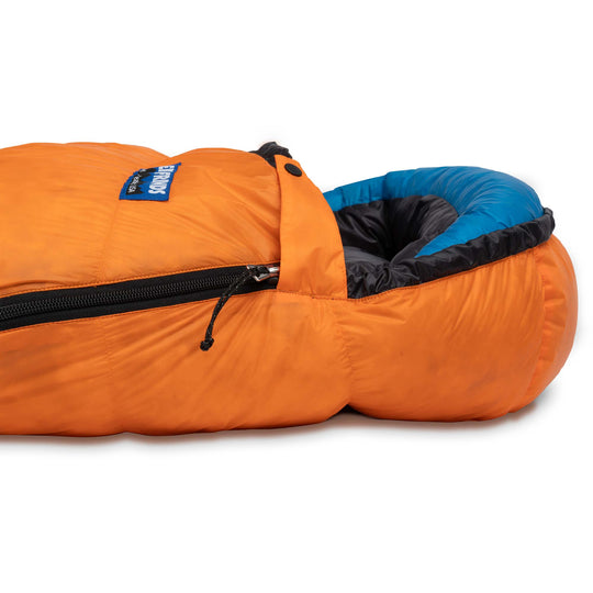 Side hood view and side zipper of Feathered Friends Swallow UL ultralight down sleeping bag Flame orange on white background