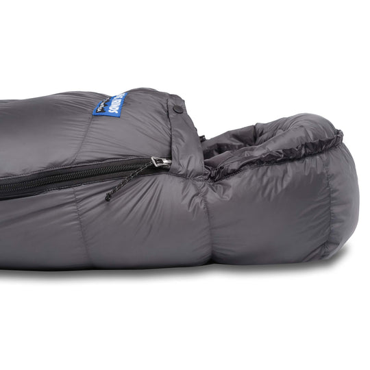 Side hood view and side zipper of Feathered Friends Swallow UL ultralight down sleeping bag Graphite gray on white background