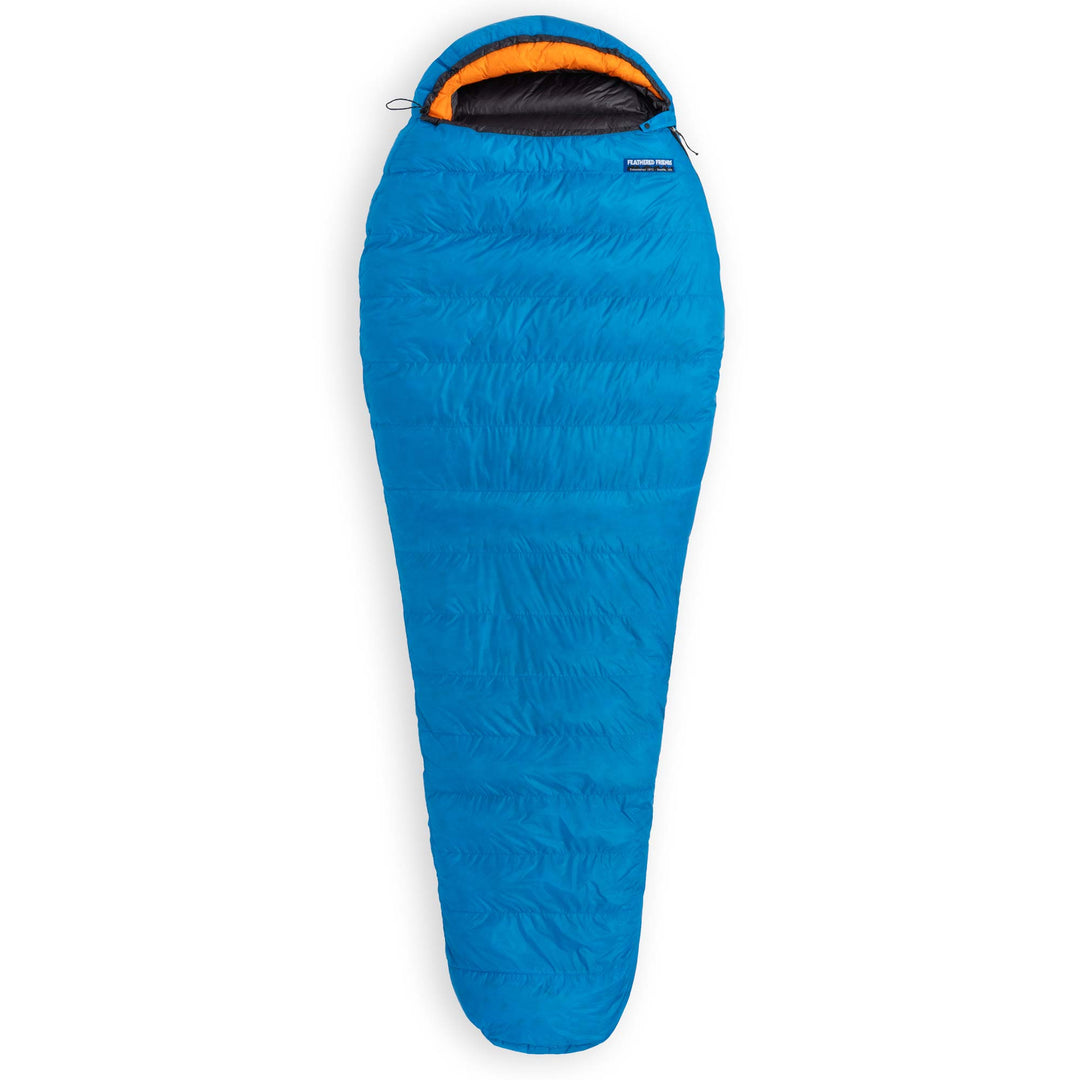Fully zipped Feathered Friends Swift UL Ultralight 20 30 Degree wide mummy down sleeping bag in Cerulean blue