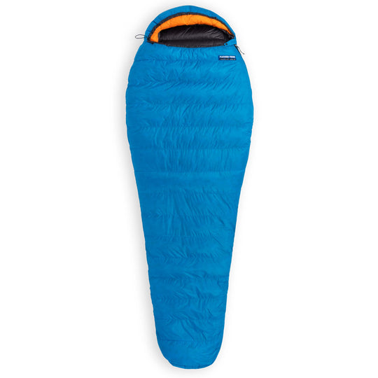 Fully zipped Feathered Friends Swift UL Ultralight 20 30 Degree wide mummy down sleeping bag in Cerulean blue